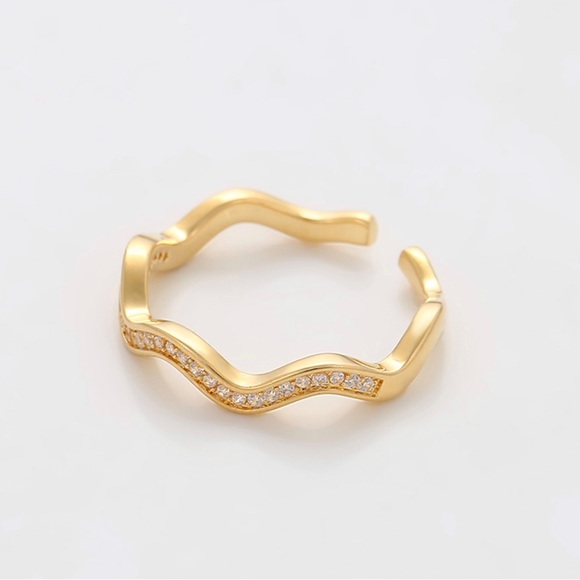Wave Ring Adjustable Ring 14k Gold Plated CZ Stone - Picture 4 of 10